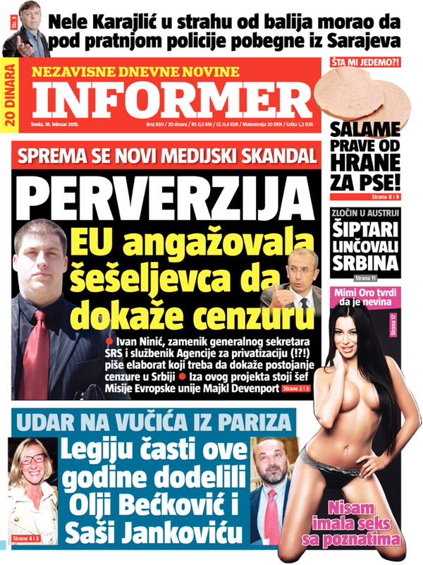 Informer, 18. februar 2015, u vreme kada Savet za borbu protiv korupcije objavljuje izveštaj na kome je i Ninić radio.