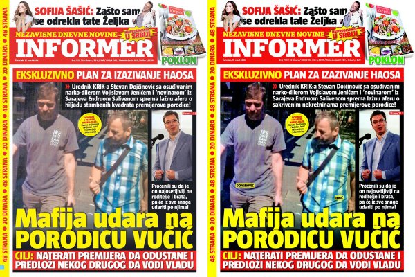 Uočite razliku između izdanja za unutrašnjost Srbije i beogradskog izdanja: "Hiljadu kvadrata premijerove porodice" zamenjeno sa "sakrivenim nekretninama"