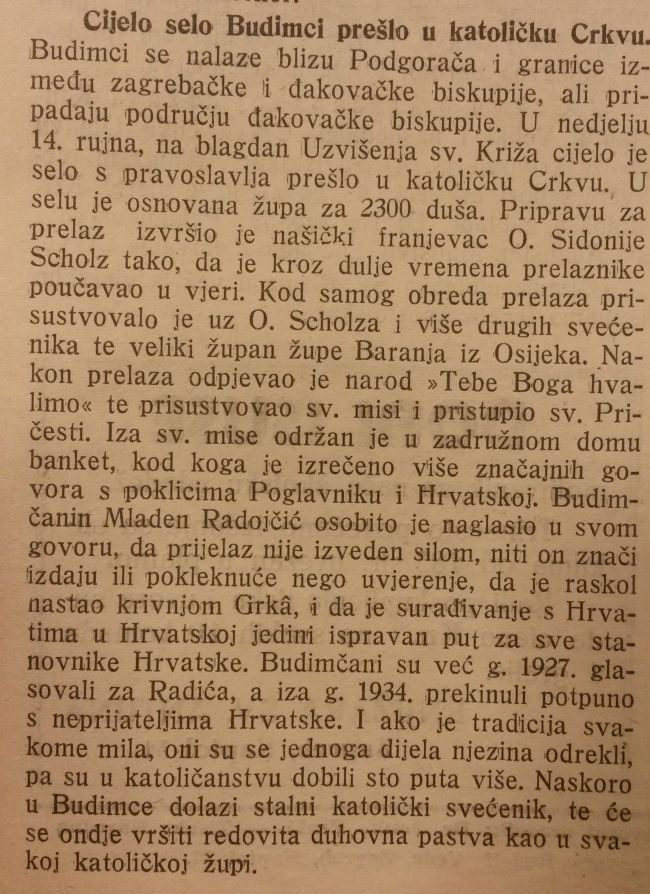 Članak iz Katoličkog lista o prijelazu čitavog sela s pravoslavlja, uz klicanje Anti Paveliću. Država je tražila da se vjerski prijelazi ubrzaju i opominjala svećensto da ne smije tražiti novac od prijelaznika mimo zakonom propisanih taksi, više puta (FOTO: Lupiga.Com)