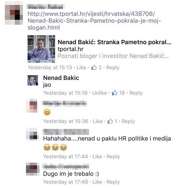 Nakon što je status Nenada Bakića završio u medijima, postavke privatnosti posta su promijenjene tako da ga mogu vidjeti samo njegovi prijatelji.