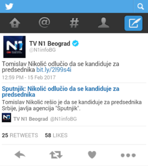 Screenshot: Tviter nalog N1 / Preuzeto sa uns.org.rs