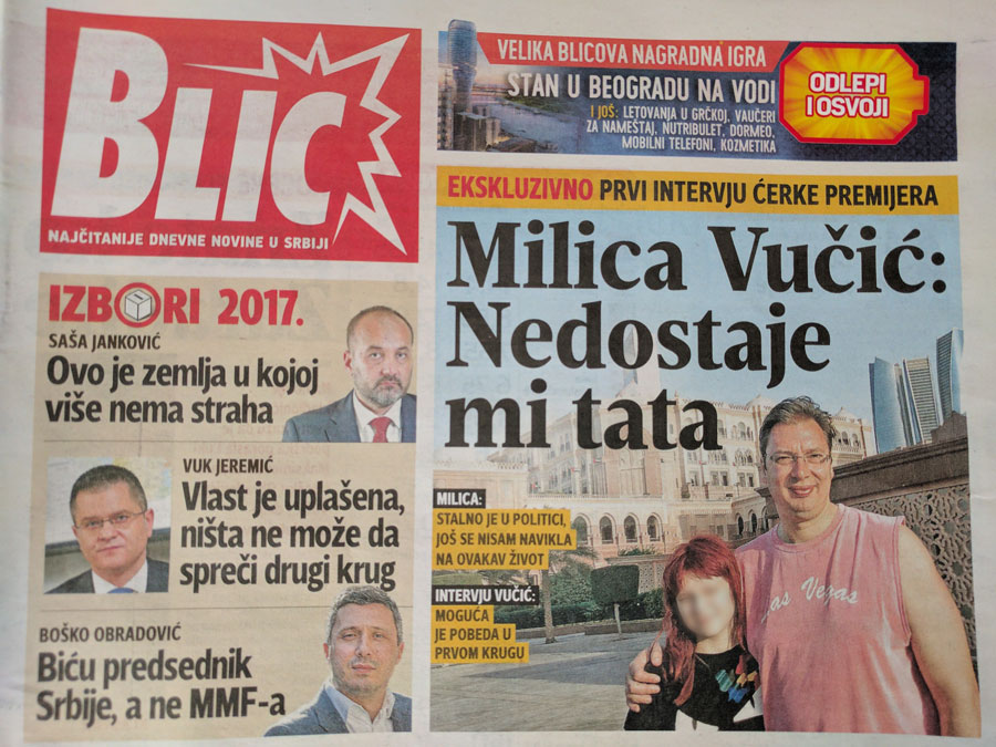 Gornji deo naslovne strane Blica, 30 mart 2017. / Foto i blur efekat: Cenzolovka
